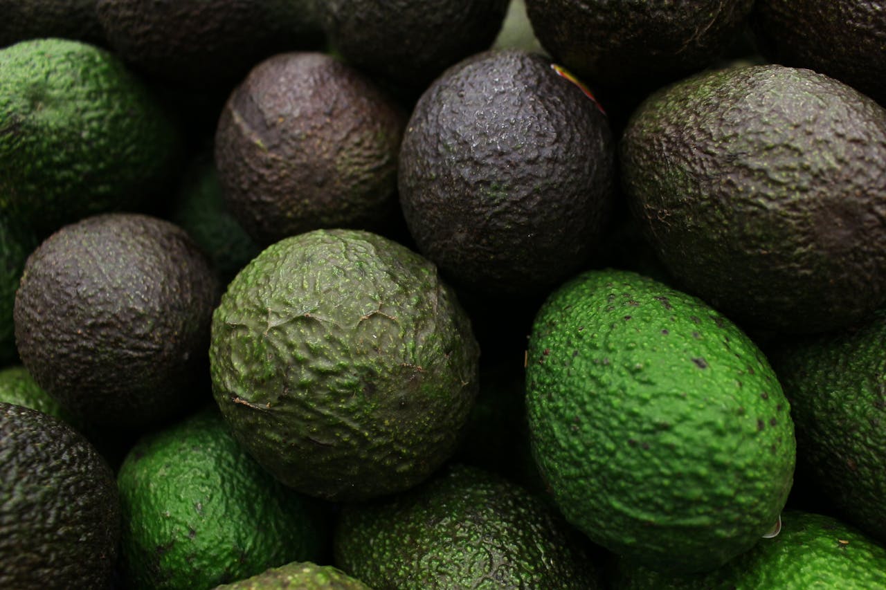 Close-up of ripe organic avocados showcasing their rich textured skin.